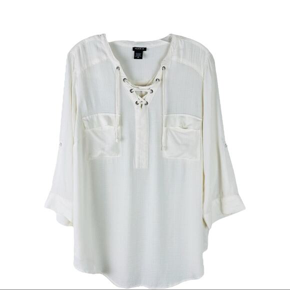 torrid Tops - Torrid cream plaid tie lightweight 3/4 sleeve blouse top 10/12